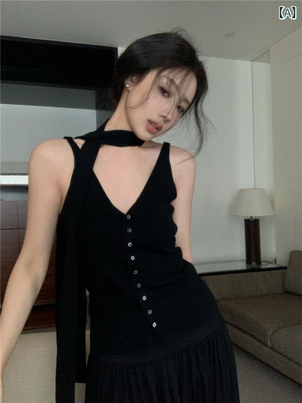 サマーニット ノースリーブ レディース トップス ブラック Vネック キャミソール レディース 夏 甘くて..