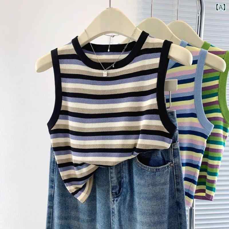 サマーニット ノースリーブ レディース トップス 2025 ドーパミン シック ストライプ ノースリーブニッ..