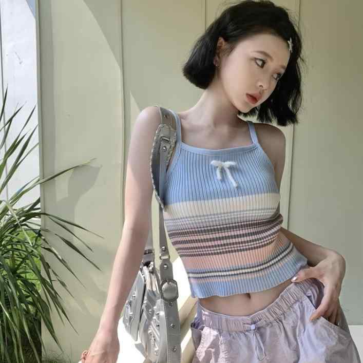 サマーニット ノースリーブ レディース トップス 蝶 結びの ストライプの ニットの 小さい サスペンダ..