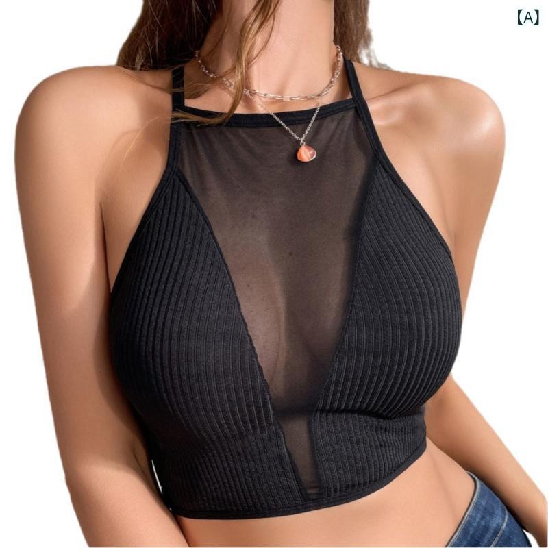 サマーニット ノースリーブ レディース トップス 2025 夏と アメリカン ショート ベスト 魅惑的 メッシ..