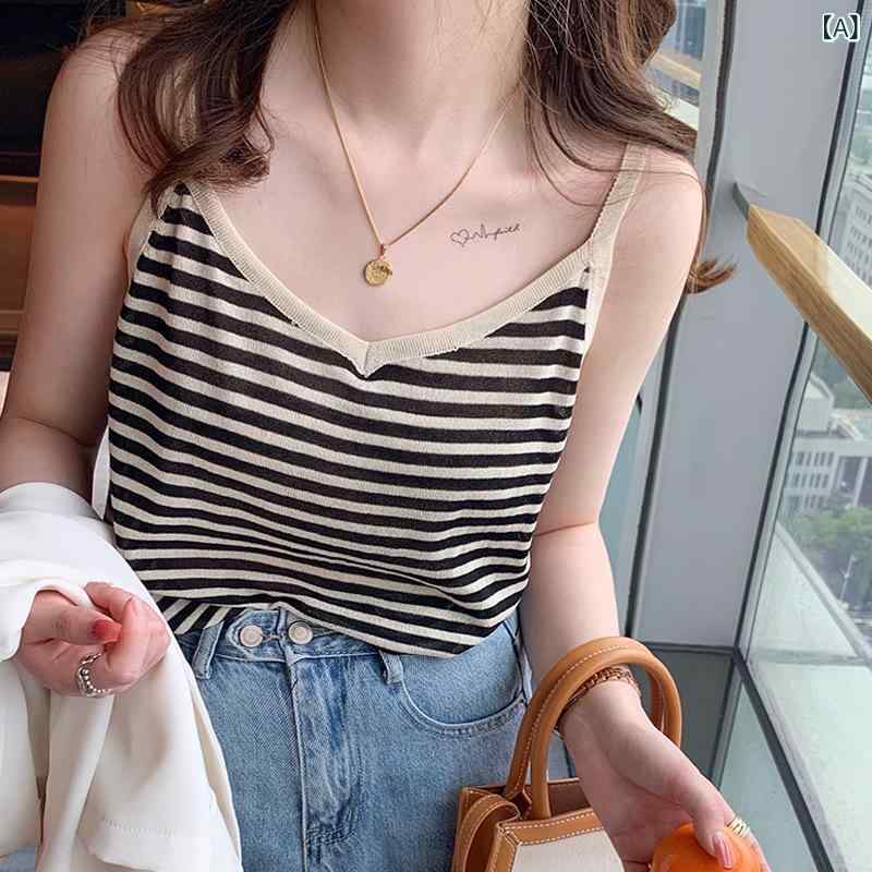 サマーニット ノースリーブ レディース トップス ストライプ サスペンダー アウター ニット ベスト レディース サマー レイヤリング ボトム レッド レトロ トップ(4)