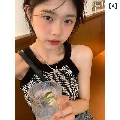 サマーニット ノースリーブ レディース トップス 小 香 風 ストライプ ストラップ ベスト 女性 夏の 感..