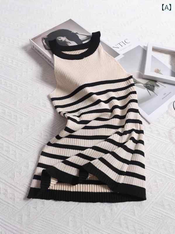 サマーニット ノースリーブ レディース トップス 魅惑的 首の ストライプの 色の ニットの ベストの レ..