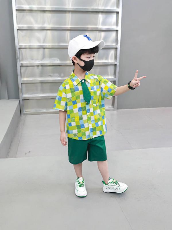 子供服 男の子 フォーマル スーツ 半袖 シャツ ショートパンツ 2点 セットアップ チェック柄 発表会 結..