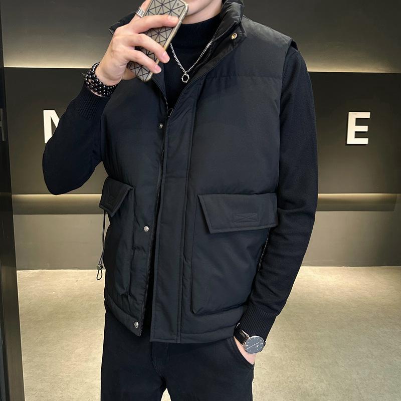 ベスト メンズ 男性用 ダウンベスト カジュアル 防寒 立襟 ポリエステル 軽量 厚手 暖かい あったか チョッキ 普段使い アウトドア 秋冬 ブラック 黒 グレー ベージュ(4)