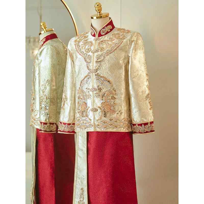 メンズ 唐装 結婚式 礼服 中国風 シャンパンゴールド ポリエステル 繊維