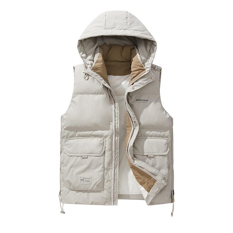 ダウンベスト メンズ 男性用 ファッション 秋冬 格子柄 ピュアカラー フード付き 86~90% ホワイトダックダウン ポリエステル混紡 厚手 防寒 暖かい カジュアル スタイル アウトドア