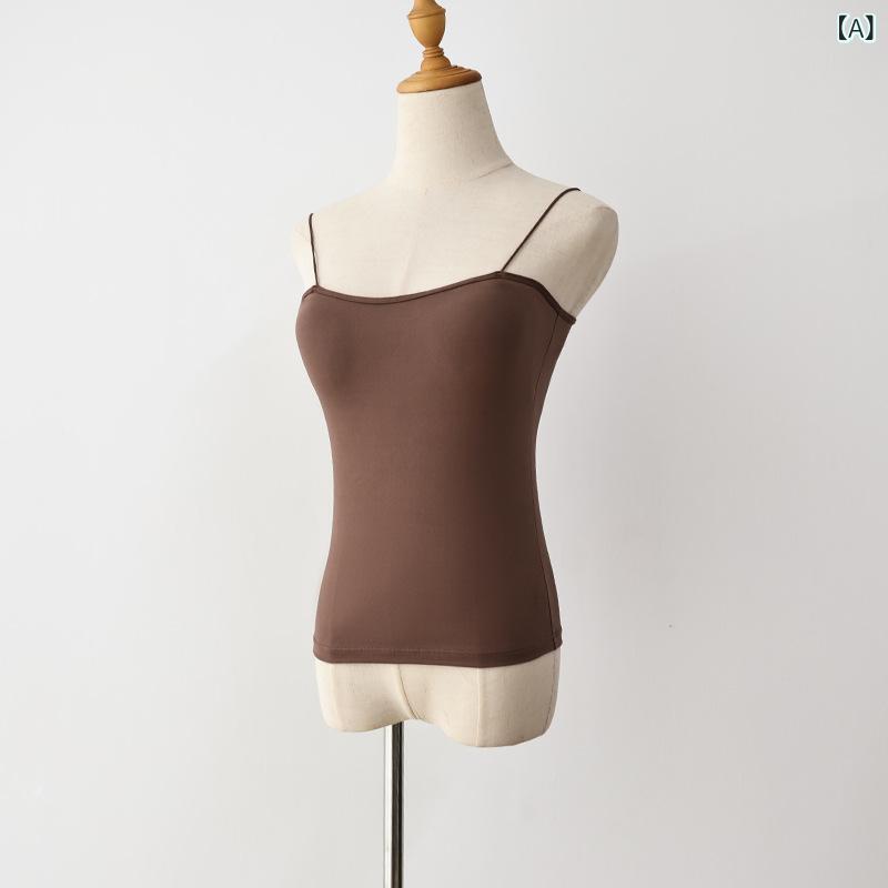 キャミソール レディース 秋冬 あったか 胸パッド付き インナー ポリエステル 無地 黒 ブラック ベージ..