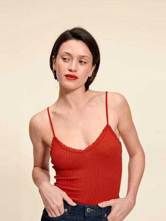 キャミソール レディース Vネック モダール ニット トップス カットソー ノースリーブ 無地 リブ ショ..