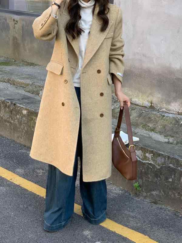 コート レディース ウール ロング丈 秋冬 ダブルブレスト スーツ襟 韓国風 カジュアル きれいめ 上品 エレガント トーストイエロー マンゴーグリーン コーヒ...