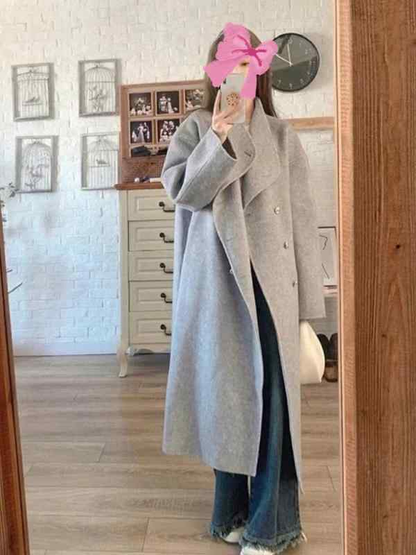 コート レディース グレー ウール ダブルフェイス 秋冬 厚手 立襟 ロング丈 ゆったり 通勤 ミディアムグレー 灰色