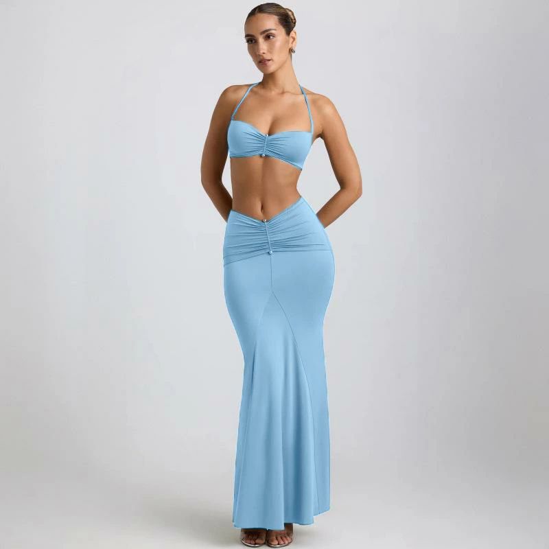 ワンピース レディース ノースリーブ ホルターネック セクシー タイト 膝丈 ブラック ブルー ベージュ 無地 普段使い パーティー 街頭