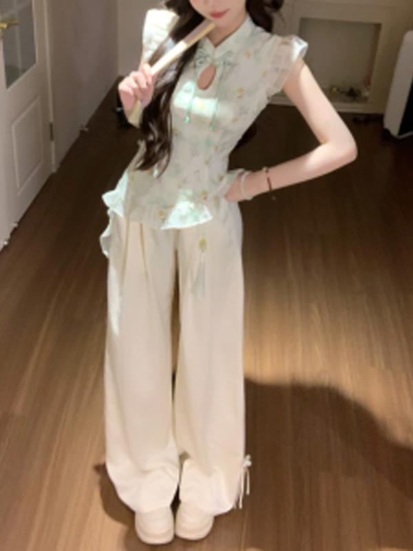 セットアップ レディース チャイナ風 ミモレ丈ワンピース パンツ 上下セット ポリエステル かわいい フェミニン パステルカラー ゆったりサイズ 普段使い