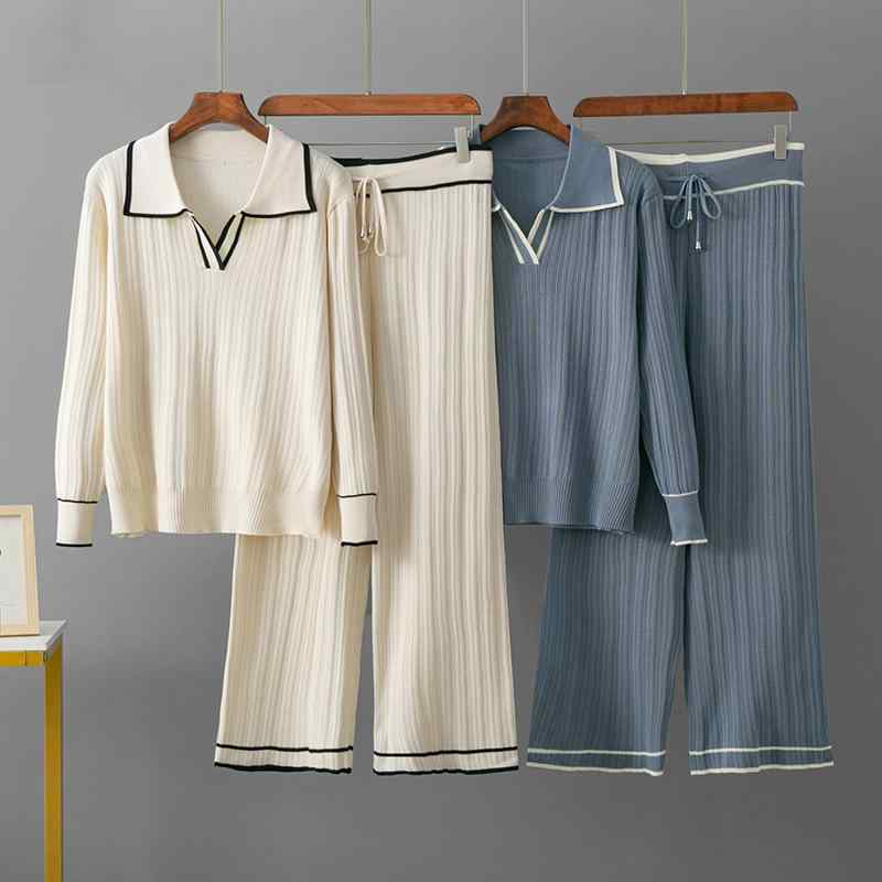 ニット セットアップ レディース 春秋 高見え Vネック 長袖 トップス パンツ 上下 2点 セット 着痩せ ..