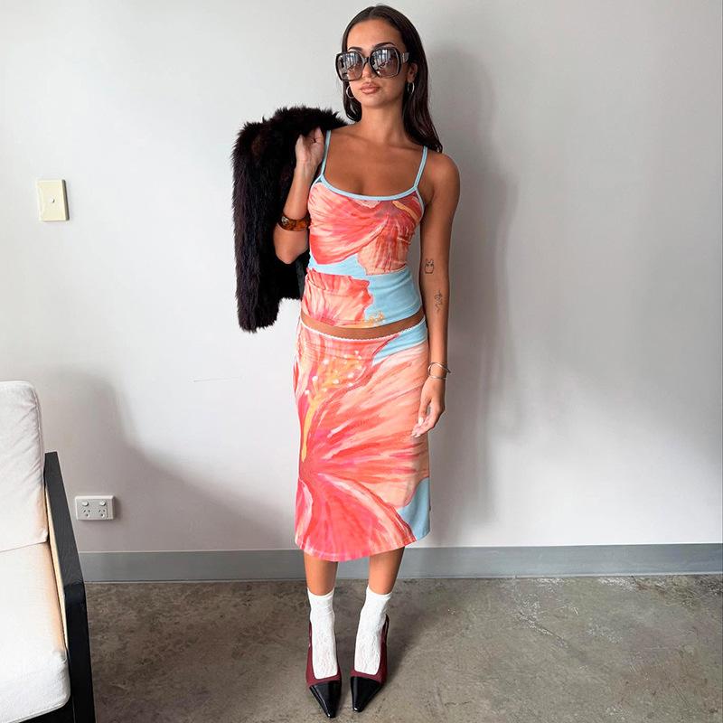 セットアップ レディース ノースリーブ トップス ミモレ丈 ワンピース 3Dプリント 街頭 普段使い 旅行 リゾート ポリエステル ブルー 青 S M L