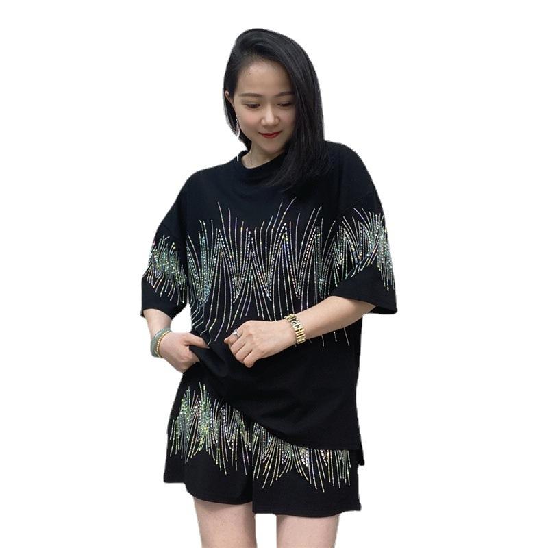 セットアップ レディース 半袖 Tシャツ ショートパンツ カジュアル 綿 ラインストーン付き 快適 普段使..