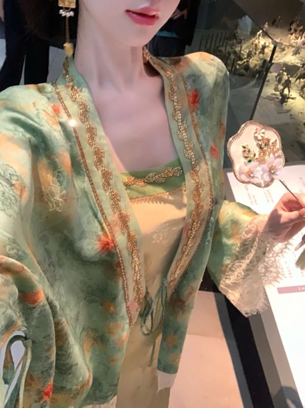 ワンピース レディース チャイナドレス風 刺繍 提花 ポリエステル 中国風 レトロ 吊りスカート セットアップ 2点セット 長袖 ロングワンピース 文学 おしゃれ着