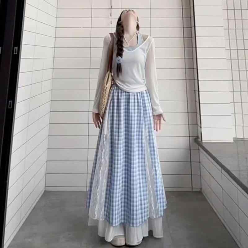 ワンピース レディース 格子柄 切り替え Aライン ハーフスカート レイヤード 3点セット ポリエステル 普段使い デート 春夏