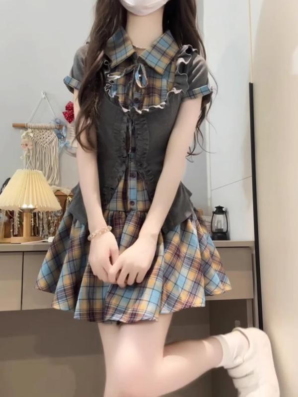 ワンピース レディース 春夏 格子柄 学院風 半袖 ミニ丈 Aライン ウエストシェイプ 甘め かわいい 普段使い デート