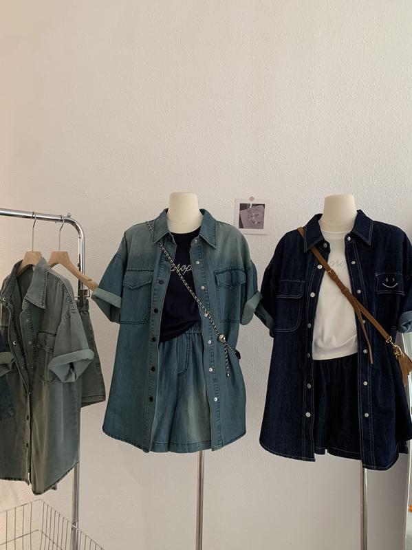 シャツ レディース 半袖 デニム セットアップ スマイル 刺繍 パッチワーク 5分丈パンツ 韓国風 カジュ..