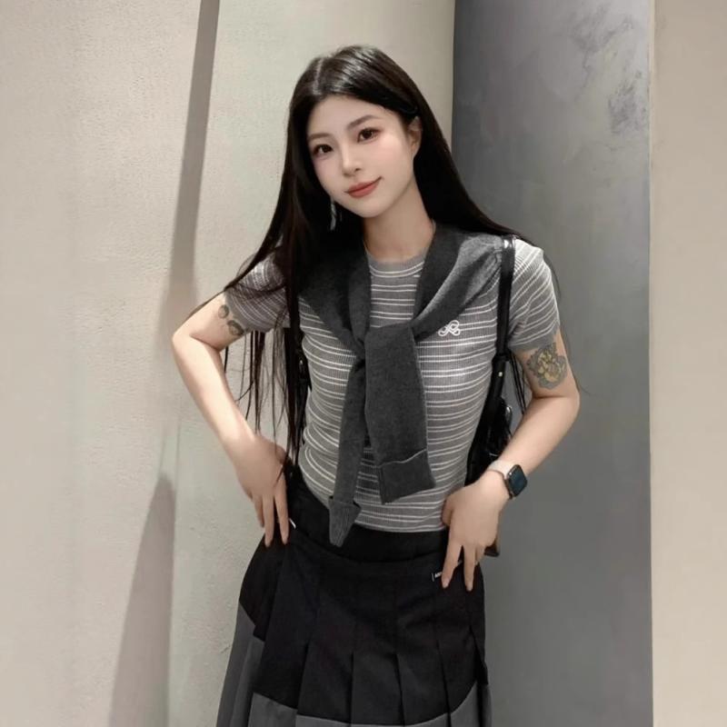 ニット ショール 2点セット レディース トップス 半袖 Tシャツ ボーダー柄 刺繍 ラウンドネック スリム..