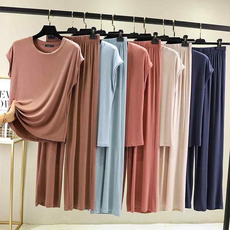Tシャツ レディース ルームウェア 上下セット M L XL XXL モダール 韓国風 ゆったり 7分袖 ロングパン..