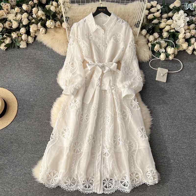 ワンピース レディース 重工刺繍 チュール レース 花柄 パフスリーブ Aライン ミモレ丈 ポロネック エレガント 上品 通勤 パーティー お呼ばれ 白 黒 ピンク 青 コーヒー色(4)