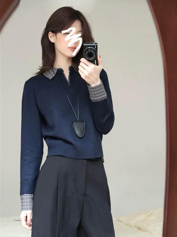 ニット レディース チュニック 濃紺色 切り替え トップス 春夏 韓国風 ラウンドネック 三分袖 粘??? レーヨン 普段使い 通勤