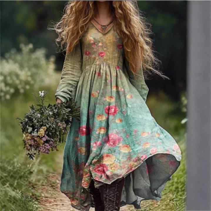 ワンピース レディース 長袖 Vネック Aライン 3Dプリント ゆったり 膝下丈 ポリエステル エレガント 秋冬