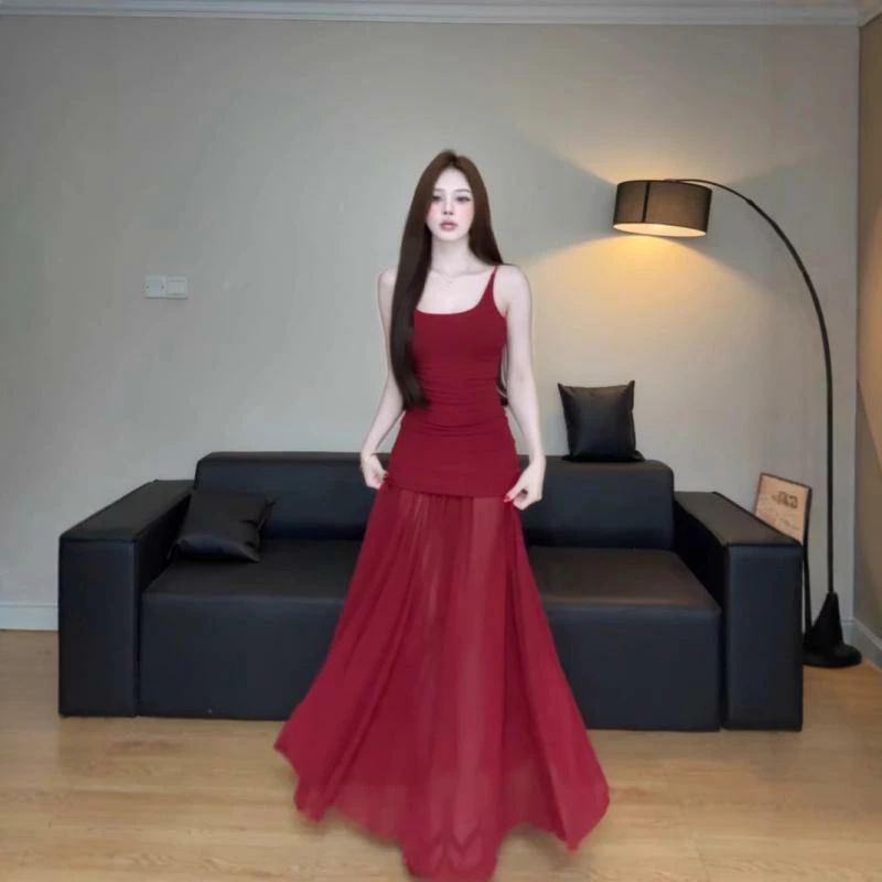 ワンピース レディース 春夏 チュール メッシュ ニット キャミソール ロングワンピース 高見え 赤 白 ..