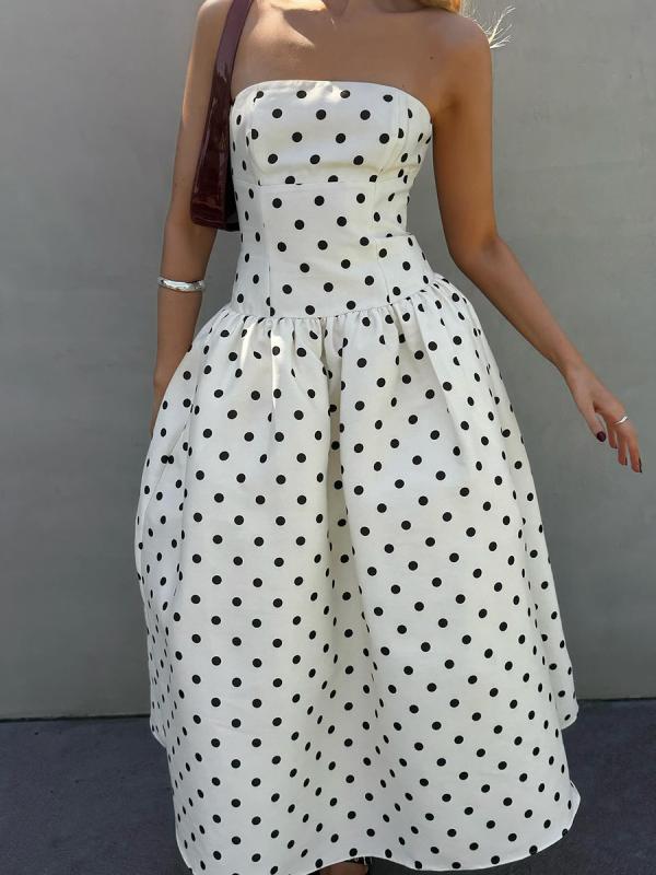 ワンピース レディース Aライン ノースリーブ ドット柄 ミモレ丈 ロング丈 フリル 切り替え ポリエステ..