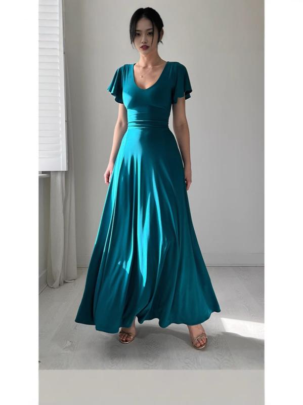 ワンピース レディース フリル袖 Vネック ロング丈 Aライン 高腰 コットンブレンド 無地 黒 ワインレッ..