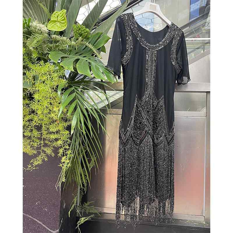 ワンピース レディース 膝丈 Vネック 半袖 花柄 スパンコール ビーズ フリンジ パーティードレス 舞台..