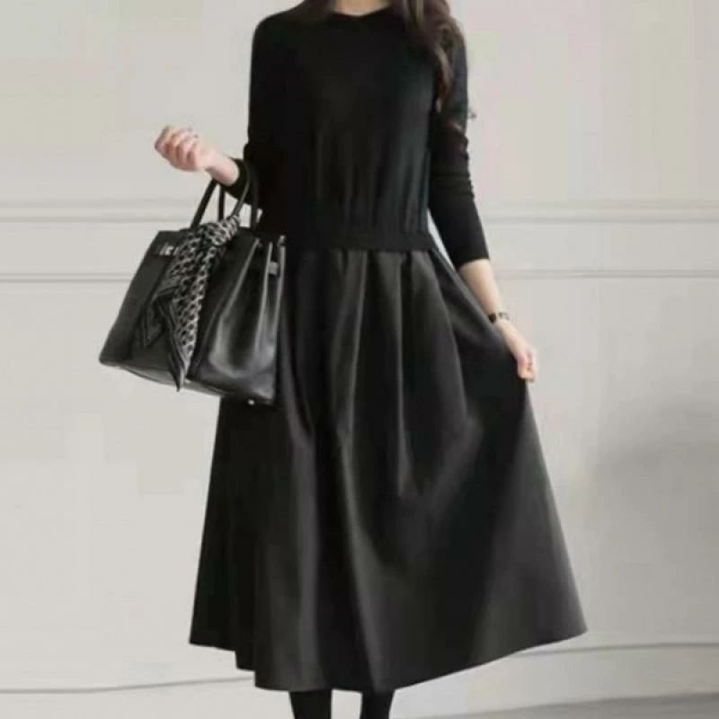 ワンピース レディース 秋冬 ニット 切り替えワンピース ロング丈 長袖 丸首 チュニック 膝下 Aライン ..