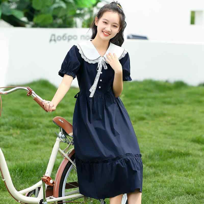 ワンピース レディース 女子高校生 Aライン 膝丈 ミドル丈 半袖 娃娃領 コットン 清楚 かわいい ガーリ..