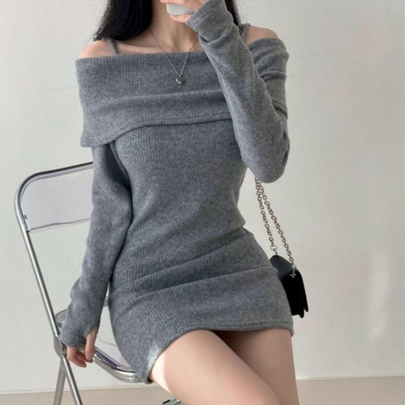 ワンピース レディース 秋冬 ニット キャミソール インナー ミディアム丈 膝丈 タイト セクシー ポリエ..