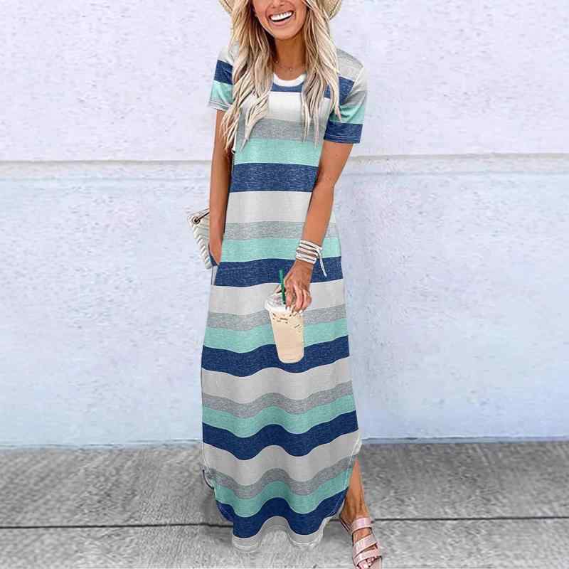 ワンピース レディース 春夏 Aライン ポリエステル 無地 半袖 ラウンドネック ロング丈 膝下丈 ゆった..