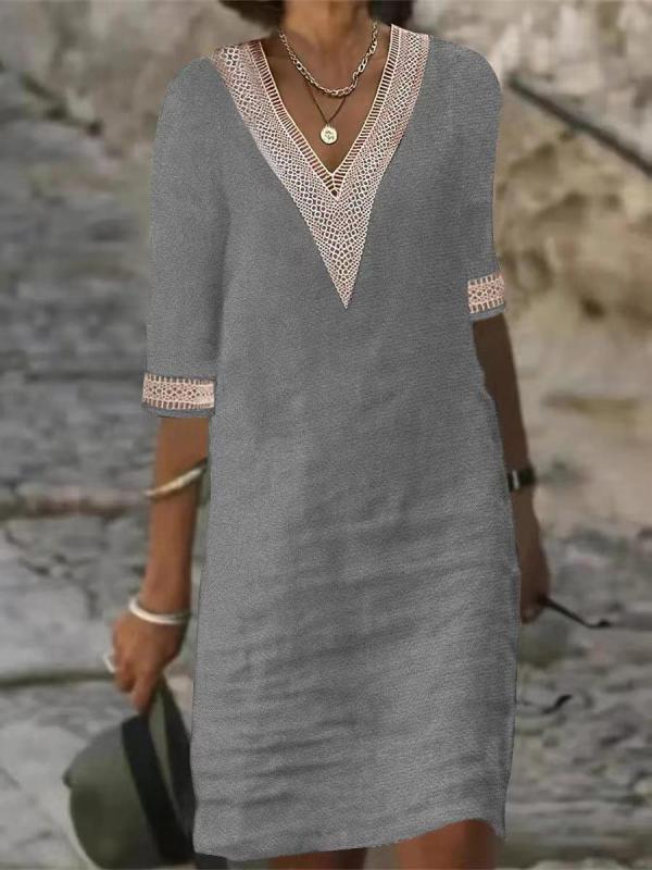 ワンピース レディース Vネック レース コットンリネン Aライン 膝下丈 五分袖 チュニック ギャザー ゆ..