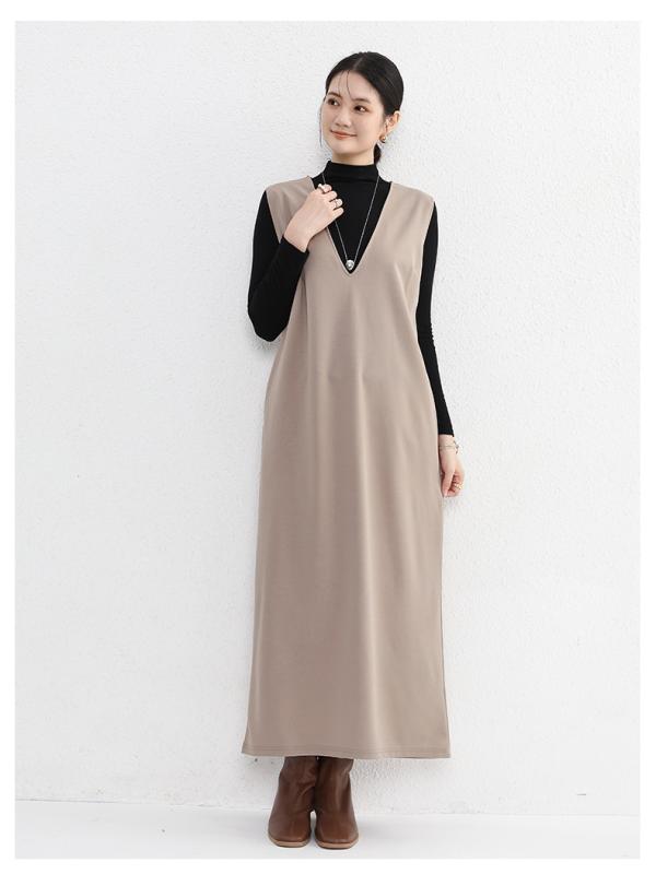 ワンピース レディース 秋冬 Vネック ノースリーブ コットン ロングワンピース ゆったり 無地 黒 赤 カ..