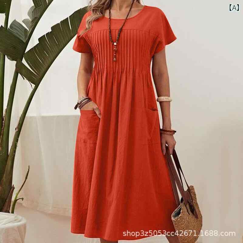 ワンピース レディース 大きいサイズ ゆったり Aライン 半袖 ひざ下丈 ミモレ丈 コットンリネン 春夏 ..