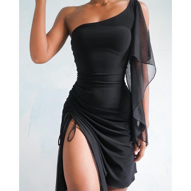 ワンピース レディース 膝丈 Aライン 半袖 無地 コットン ブラック ゴシック 高腰 接触冷感 伸縮性 パ..