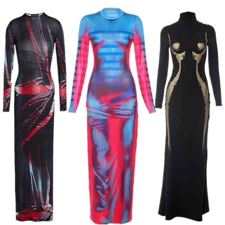 ワンピース レディース 長袖 高腰 プリント スリム 包臀 ロング丈 3D効果 街頭 接触冷感 欧美風 ポリエ..