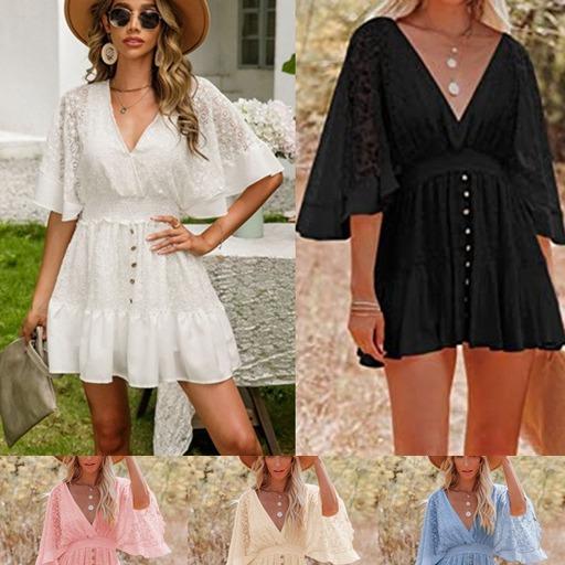 ワンピース レディース Aライン Vネック 五分袖 チュニック レース 切り替え コットン ブロード ふんわ..