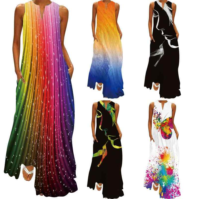 ワンピース レディース 欧米風 Vネック 人物柄 プリント ゆったり 大きいサイズ マキシ丈 リゾート パーティー ドレス ポリエステル 快適 楽ちん エレガント