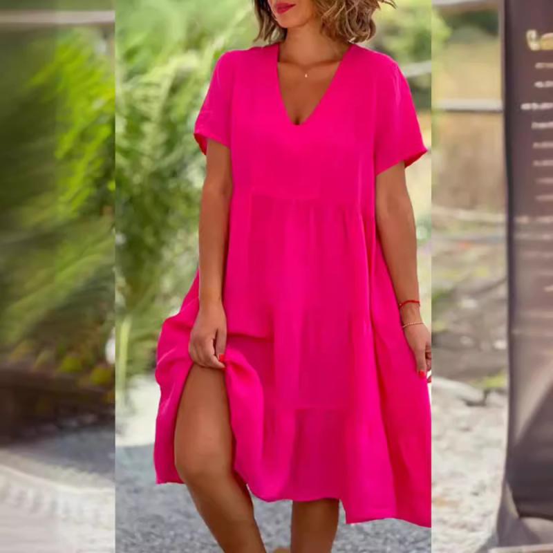 ワンピース レディース 春夏 Vネック 半袖 膝丈 コットンリネン 高腰 Aライン フレアスカート 無地 ゆ..