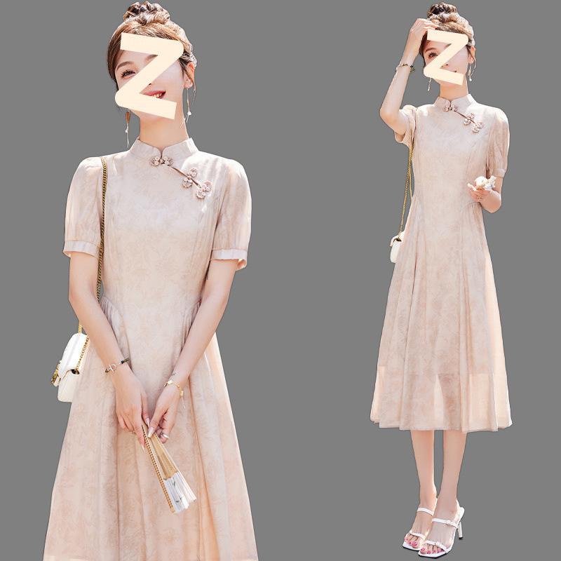 ワンピース レディース チャイナドレス Aライン 立襟 半袖 ポリエステル 中長丈 シャンパン色 グリーン..