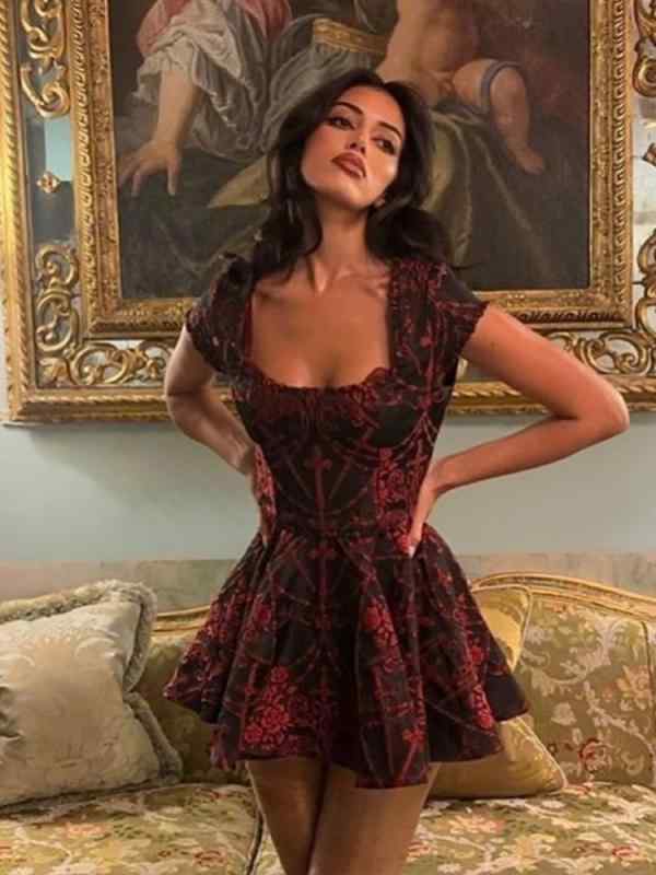 ワンピース レディース Uネック 花柄 半袖 ミニワンピース スリム 着痩せ プリンセスドレス パーティー..