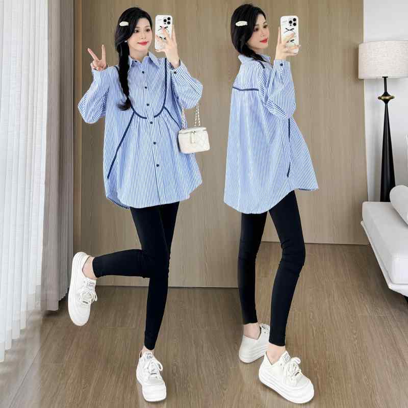 マタニティ シャツ ワンピース 春秋物 授乳服 5分袖 コットン 魚尾スカート 膝丈 ストライプ柄 ブルー ..