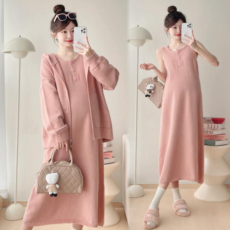 マタニティウェア 秋冬 セットアップ パーカー ワンピース ニット 授乳服 部屋着 長袖 綿 伸縮性 杏色 ..