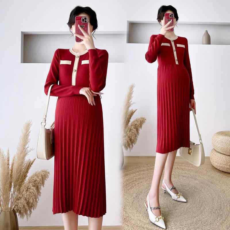 ワンピース マタニティ 秋冬 ラウンドネック 長袖 コットン混紡 ゆったり 膝丈 レッド ブラック 妊婦 ..